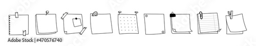 Memo doodle. Blank square sheets of note paper. A variety of paper stickers with pins, paper clips, clothespins, tape. Vector hand drawn reminder templates isolated on white background.