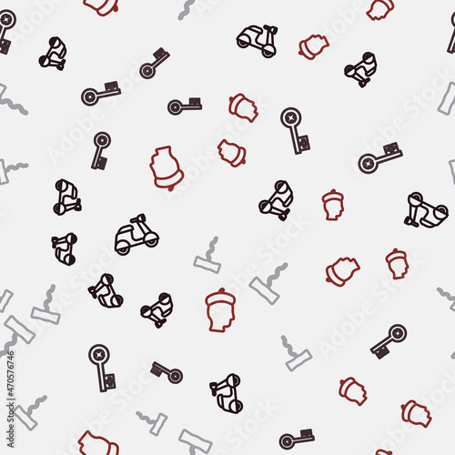 Set line Scooter, Old key, Wine corkscrew and French man on seamless pattern. Vector