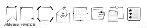 Hand-drawn Memo doodle. Blank square sheets of note paper. A set of different envelope paper with pins, paper clips, stickers, scotch tape. Reminder templates vector isolated on white background.