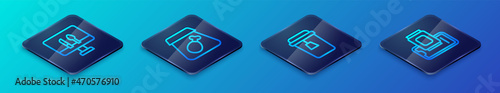 Set Isometric line Cup of tea, Online ordering food, Food on mobile and meal icon. Vector