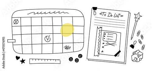 Set of drawn calendar, planner and stacks of papers with notes and assorted stationery. Doodle sheet of crumpled paper, ruler, paper clips, pen with a star. Scheduler with day of the week stamps.