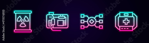 Set line Radioactive waste in barrel, Motherboard, Neural network and First aid kit. Glowing neon icon. Vector