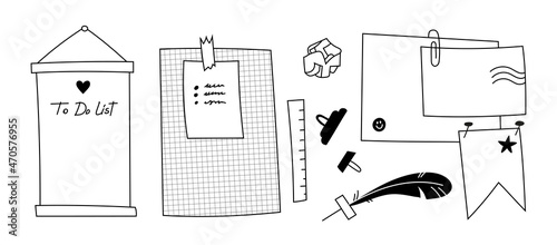 Checkered paper with notes. Vertical doodle poster with to-do list, wish-list on the wall. Various blank sketch bookmarks for memory or sheets of notebooks. Vector stationery, crumpled paper isolated.