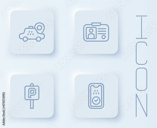 Set line Location taxi car, Taxi driver license, Parking and mobile app. White square button. Vector