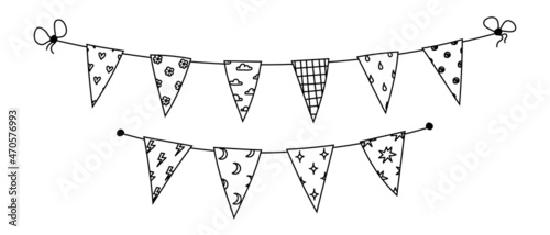 Garland of triangular flags tied with bows. Hand-drawn event holiday decoration with different patterns. Black on white vector illustration of bunting flag on a string isolated.