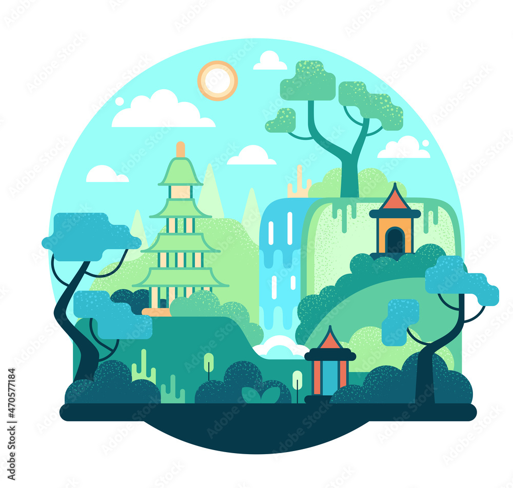 Oriental village next to a waterfall among trees. Vector cartoon illustration in flat game design