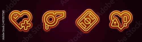 Set line Heart rate, Whistle, Football field and . Glowing neon icon. Vector