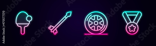 Set line Racket, Medieval arrows, Car wheel and Medal. Glowing neon icon. Vector
