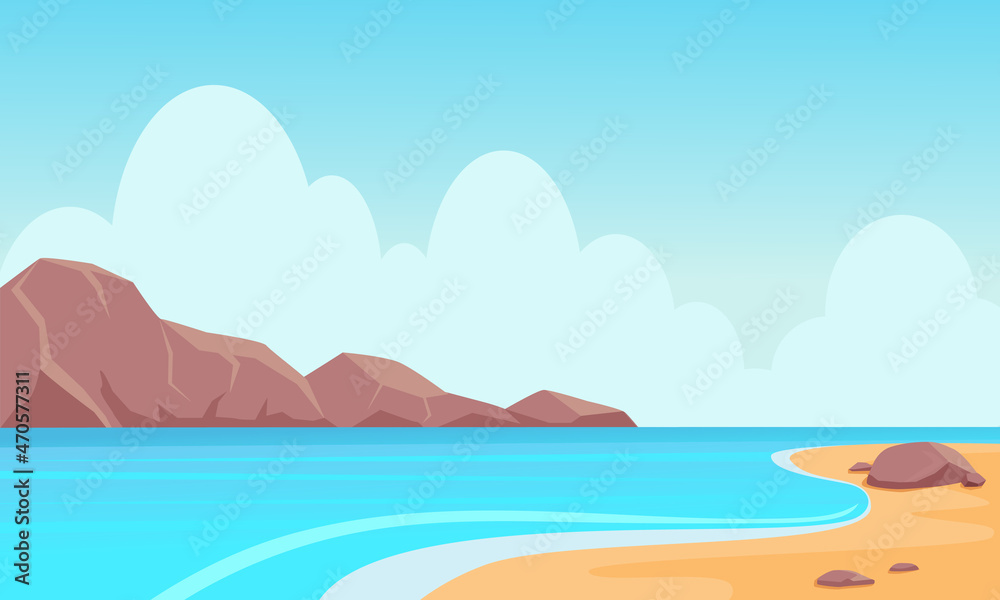 Sea lagoon with rocks landscape. Natural illustration with blue ocean bay and yellow sandy beach colorful resort scenery with tropical clouds for relaxation and travel. Vector cartoon vacation.