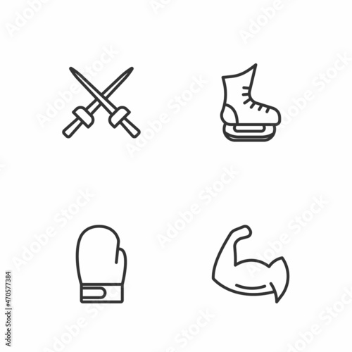 Set line Bodybuilder showing his muscles  Boxing glove  Fencing and Skates icon. Vector