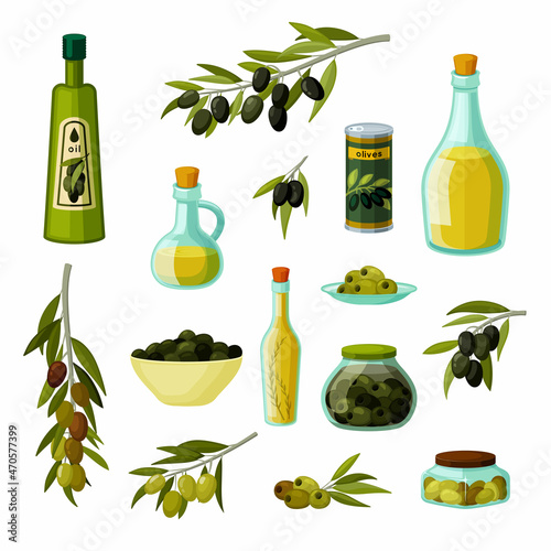 Olive oil and snacks set. Vitamin yellow pomace and fruits for preservation vegetables for seasoning dishes and natural nutrition diet ripe green and black products on branch. Vector cartoon harvest.