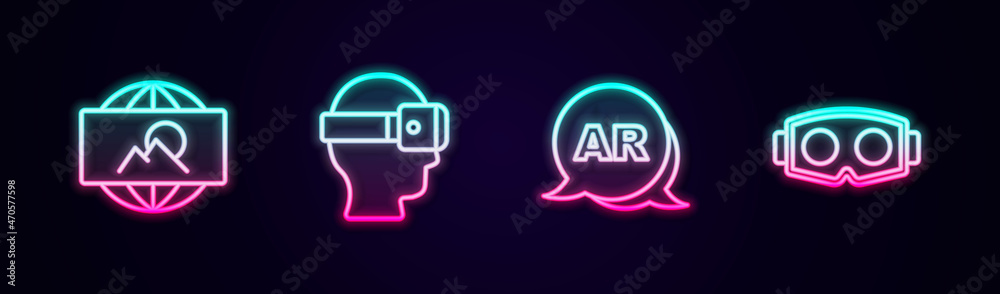 Set line Wide angle picture, Virtual reality glasses, Augmented AR and . Glowing neon icon. Vector Set line Wide angle picture, Virtual reality glasses, Augmented AR and . Glowing neon icon. Vector