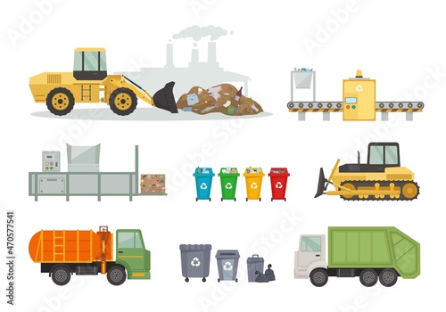 Garbage collection and recycling equipment set. Conveyor belts and trucks with containers for transporting waste garbage bins with special color sorting caterpillar tractor. Vector cartoon utilize.