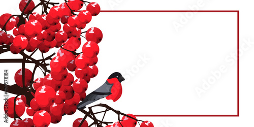 Christmas new year cute greeting card. the concept of preparing for the new year. image of a bullfinch bird on the branches of winter berries - ashberry. Home comfort. Greeting poster template