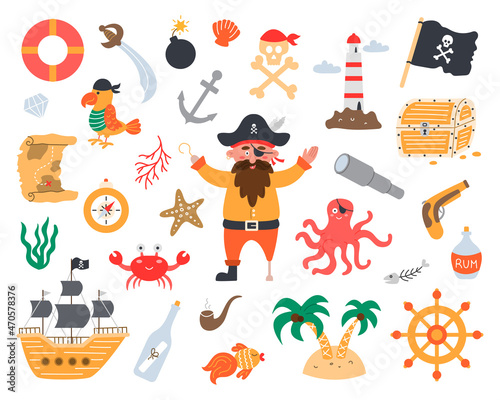 Bundle pirate set in flat hand drawn style. Parrot, ship, treasure, map, sea inhabitants