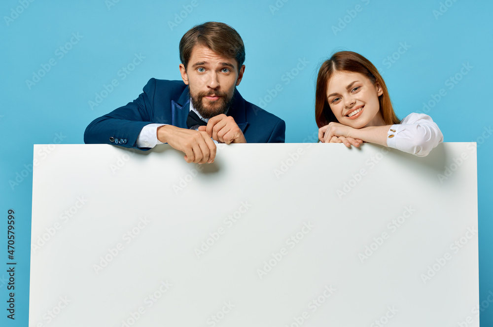 funny man and woman advertising presentation white banner blue background funny man and woman advertising presentation white banner blue background