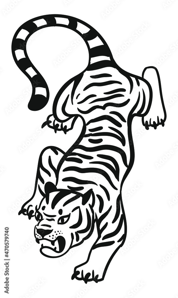 Graphic  tiger. Black and white of predatory wild cat. Vector illustration isolated on white background.
