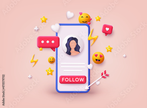 Social media platform, online social communication concept. Comment and Follower. 3D Web Vector Illustrations.