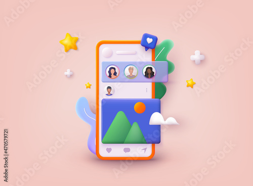 Social media app, online social communication applications concept. 3D Web Vector Illustrations.