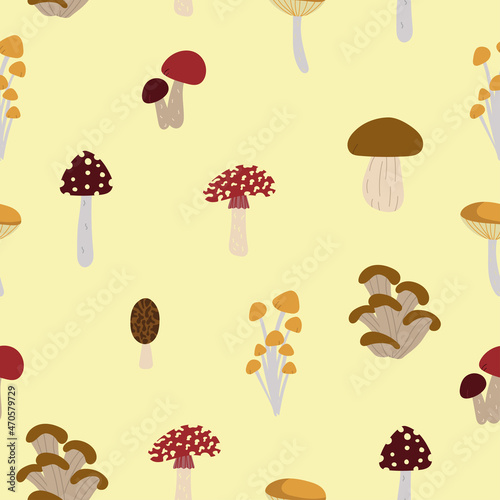 Seamless pattern design. Autumn backdrop for wallpaper  print  textile  fabric  wrapping. Mushrooms isolated on yellow background