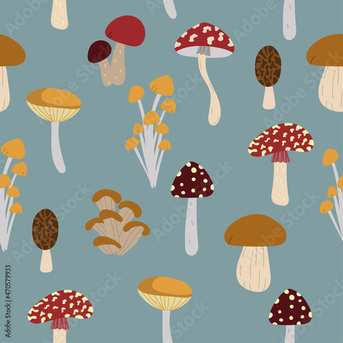 Seamless pattern design. Autumn backdrop for wallpaper, print, textile, fabric, wrapping. Mushrooms isolated on blue background