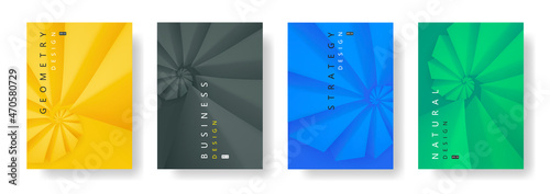 Set of posters with abstract backdrop od triangles twisting in a shape of golden ratio or shell, cover or banners