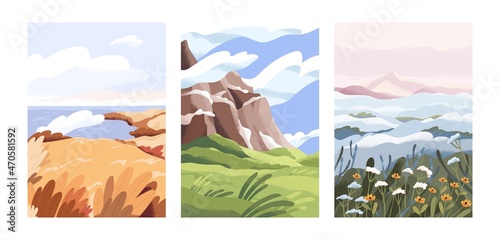 Landscape backgrounds set. Vertical cards of calm nature with field, meadow, grass, flowers, mountain, sky and clouds in spring and autumn. Peaceful valleys. Colored flat vector illustrations