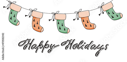 Christmas background with lettering and gift socks. Happy holidays lettering. Merry Christmas. Vector hand drawn illustration