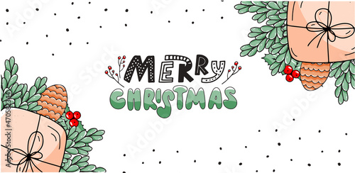 Christmas background with gift box, twigs, pine cone and lettering. Merry Christmas. Vector hand drawn illustration