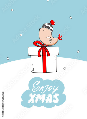 Christmas card with gift box, cute bird and lettering. Enjoy Xmas lettering. Vector hand drawn illustration
