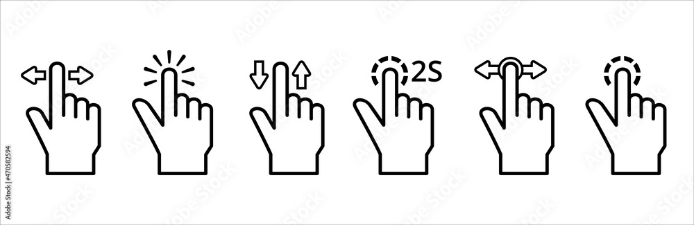 Touchscreen gesture icon. Hand finger touch screen gesture vector icons set. Contain symbol such as pinch up, two finger tap, click and hold, drag and slide, double press, multiple touch. Touchscreen gesture icon. Hand finger touch screen gesture vector icons set. Contain symbol such as pinch up, two finger tap, click and hold, drag and slide, double press, multiple touch.