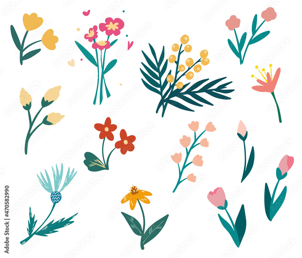 Spring flowers set. Tulips, daisies, roses, chrysanthemums and mimosa. Arrangements for greeting card or invitation design. Vector cartoon hand draw illustration.