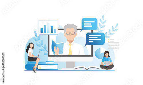 Vector online distance learning mentor. Teacher conducts lecture, lesson, webinar, seminar, courses on Internet. Getting education in laptop, computer by video. Pupils, students are sitting on books.