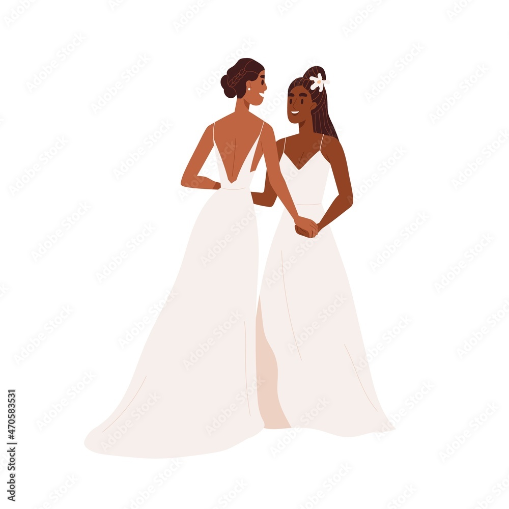 Lesbian love couple wedding. Homosexual women marriage. Happy female newlyweds. Brides in dresses holding hands. LGBT wives. Same sex partners. Flat vector illustration isolated on white background
