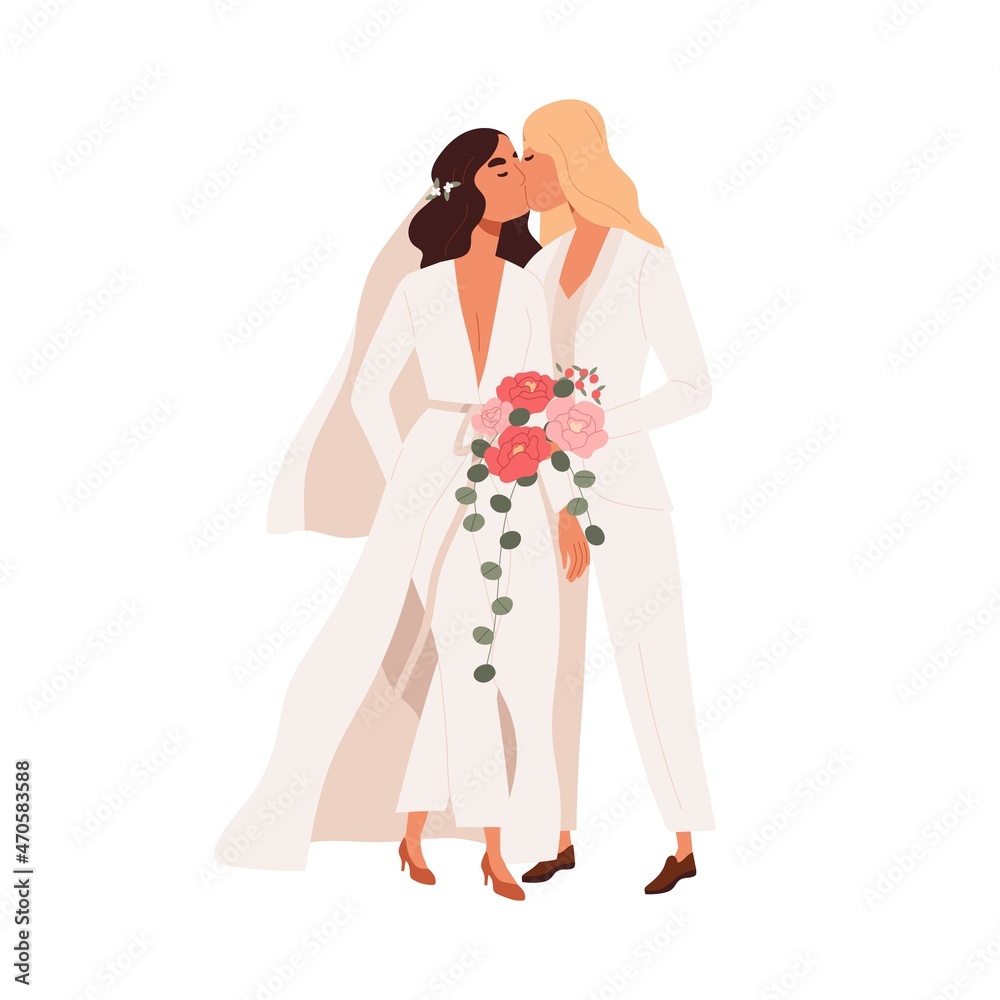 Lesbian couple marriage. Homosexual wedding. Brides in dress and pants kissing. LGBT newlyweds. Happy wives with flower bouquet at ceremony. Flat vector illustration isolated on white background