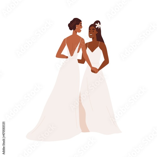 Lesbian love couple wedding. Homosexual women marriage. Happy female newlyweds. Brides in dresses holding hands. LGBT wives. Same sex partners. Flat vector illustration isolated on white background