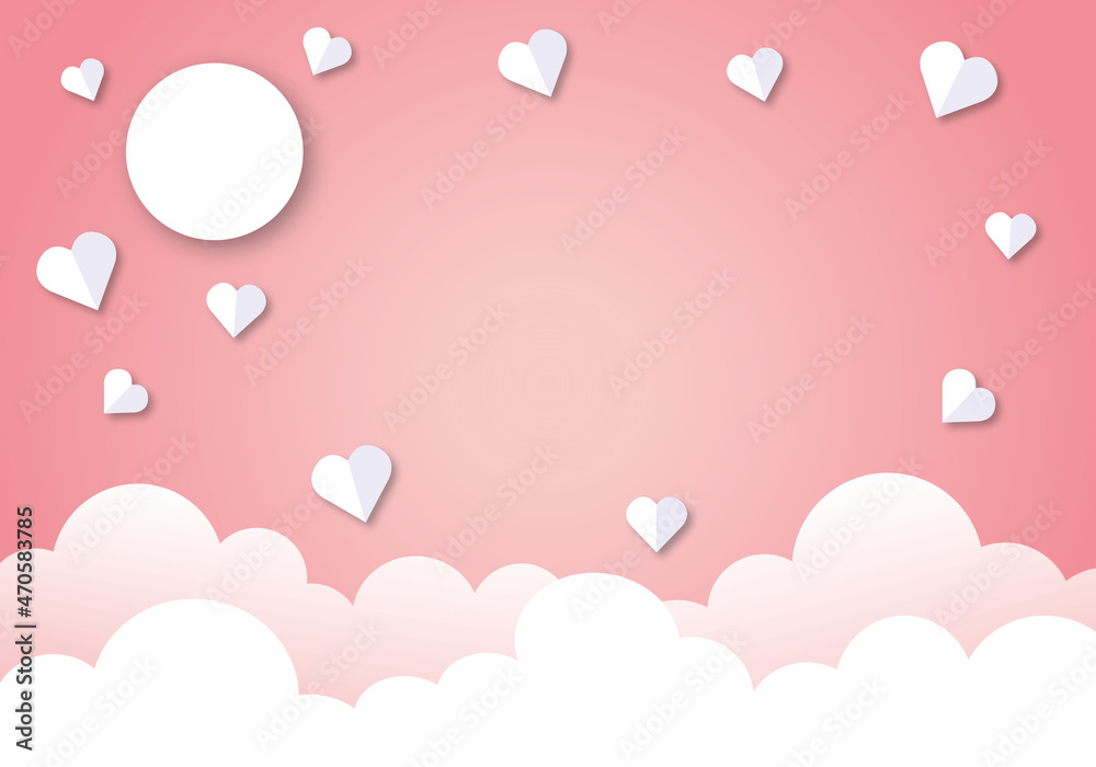 White hearts with clouds and sun on pastel pink background. Concept for Wedding, Valentine’s day, Women’s, Mothers, Fathers, poster, card, love. space for the text. paper cut design style.