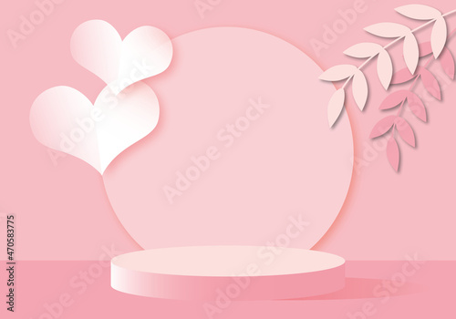 Pink hearts with leaf and pink product background stand or podium pedestal on empty display with pastel backdrops, valentine, love, and wedding concept. copy space. paper cut design style.