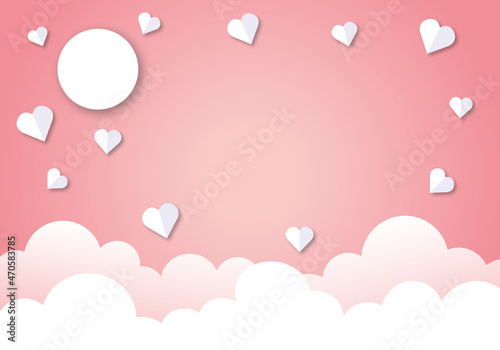 White hearts with clouds and sun on pastel pink background. Concept for Wedding, Valentine’s day, Women’s, Mothers, Fathers, poster, card, love. space for the text. paper cut design style.