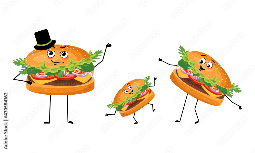 Naklejka premium Family of hamburger characters with happy emotions, smile face, happy eyes, arms and legs. Mom is happy, dad is wearing hat and child is dancing. Vector flat illustration