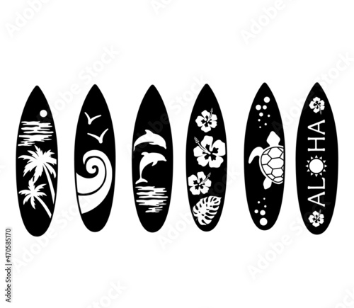 Set of black surfboards with palm tree, turtle,dolphin drawing. Vector illustration isolated on white background