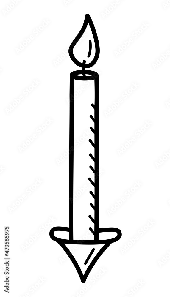 Burning candle icon, vector doodle illustration of a wax candle with a wick. Burning candle icon, vector doodle illustration of a wax candle with a wick.