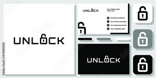 Wordmark Lettermark Padlock Unlock Safe Protection Key Open Lock Logo Design Business Card Template