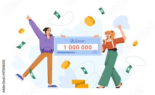 Flat lucky couple win lottery jackpot. Happy winners holding bank check for million dollars. Young characters with huge money prize from casino gambling game. Man and woman hold big winning bill.