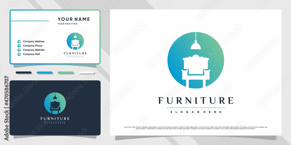 Minimalist furniture logo design with negative space concept and business card design Premium Vector