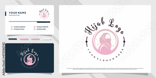 Creative hijab woman muslim logo with unique concept and business card design Premium Vector