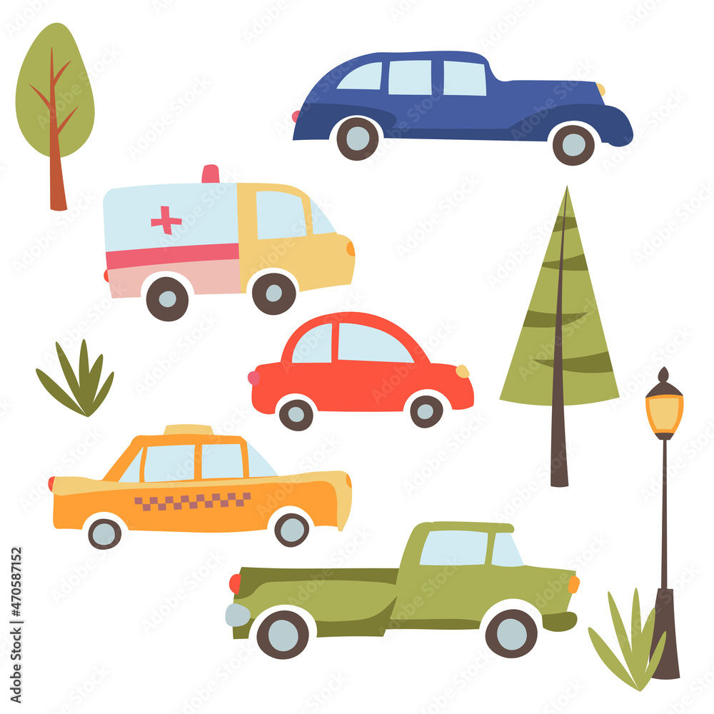 A set of cars with trees. Flat vector illustration.