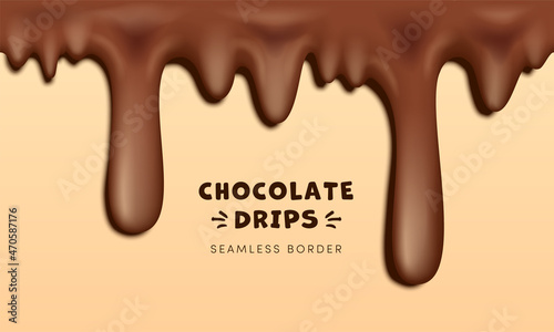 Realistic Seamless Dripping Chocolate Drops Horizontal Border. 3D vector liquid melted flowing milk chocolate, brown syrup flowing down, cake topping splash on caramel background mockup