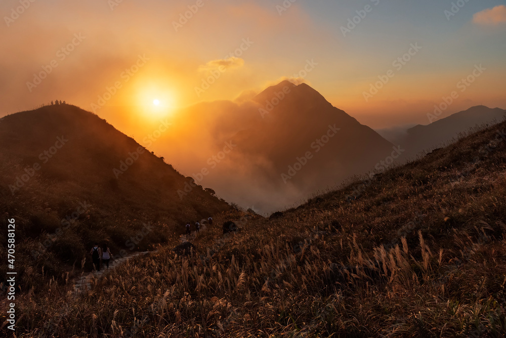 Idyllic landscape of sunset Peak of Lantau island. Natural landmark in hong kong