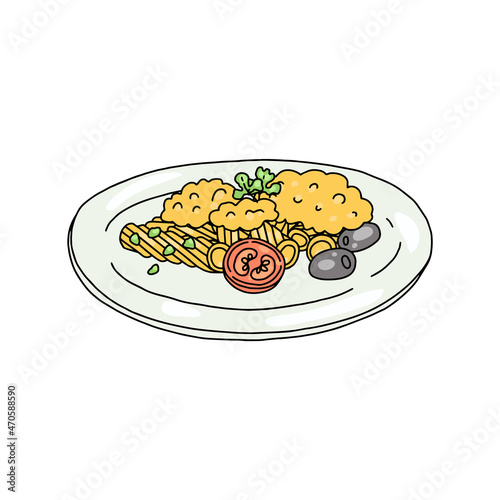 Italian fusilli pasta on plate with tomatoes, sauce, basil leaf, olives